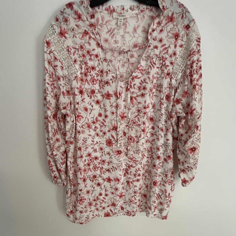 Como Blu Floral‎ Crochet Tie Front Tunic Blouse L Long Sleeve Rayon White Pink